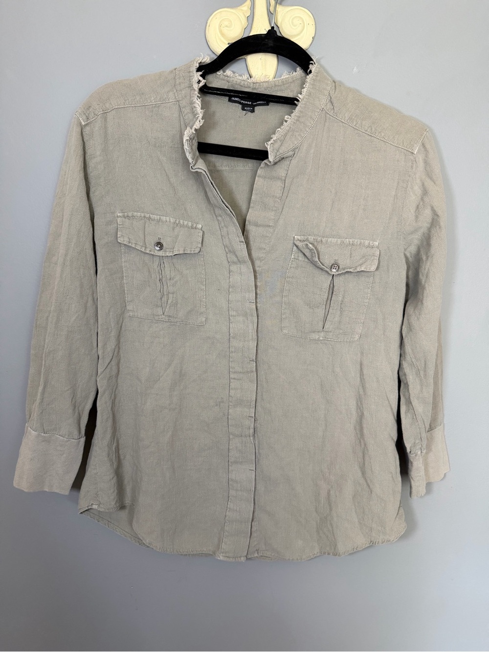 James Perse Light Khaki/Green Band-Collar Button-Front Shirt